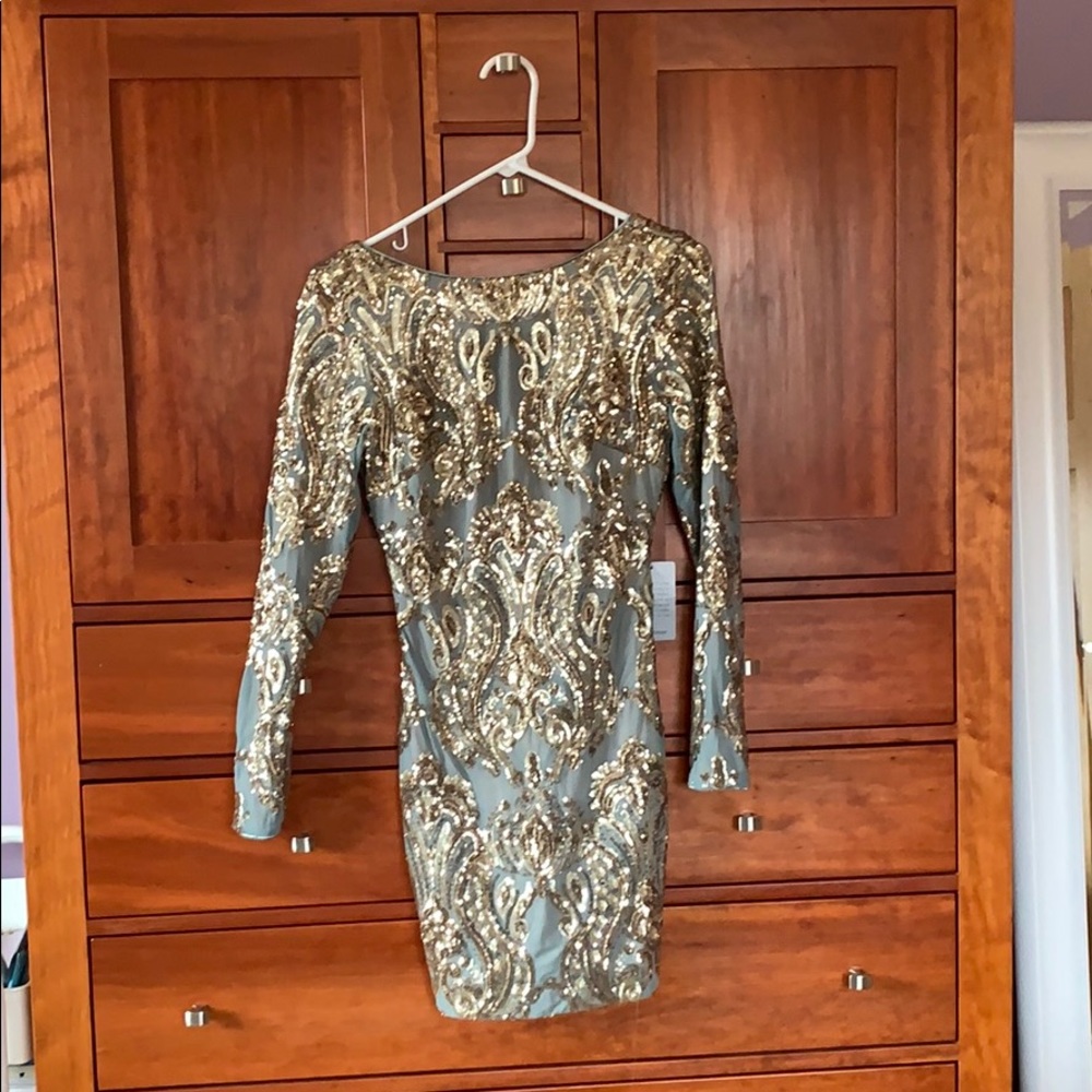 Light Blue & Gold Sequin Long Sleeve Bodycon Dress